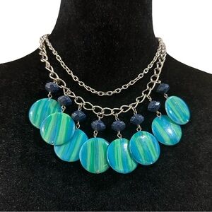 Double Strand Necklace Blue Green Beaded Fringe Silver Tone Chain Adjustable Len